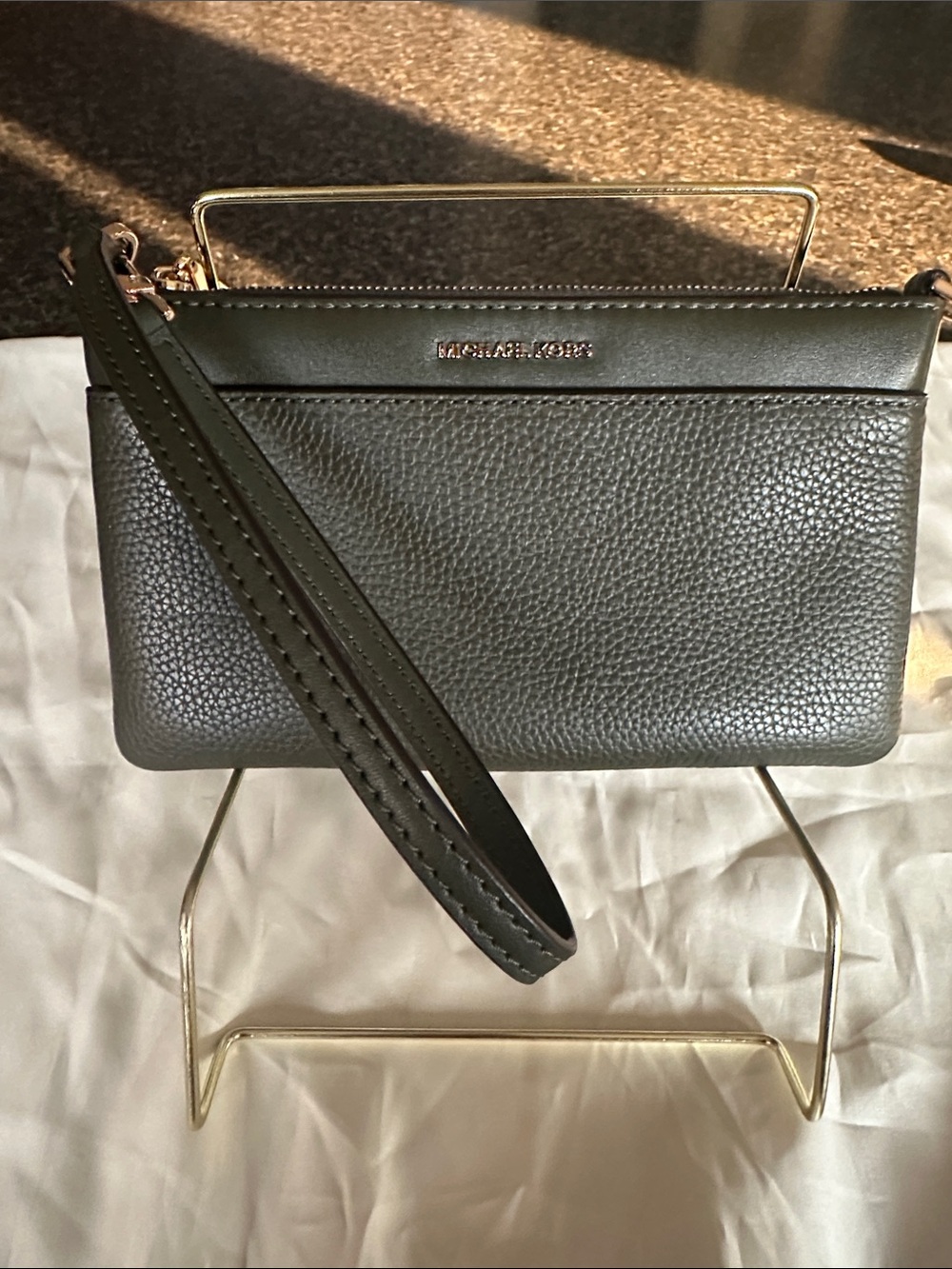 Michael Kors Large Dark Green Pebbled Leather Wristlet Clutch with Two Way Strap